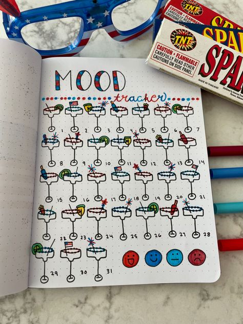 Mood margaritas for the Fourth of July! July Bullet Journal Mood Tracker, July Mood Tracker, July Bullet Journal, Bullet Journal Mood Tracker, Journal Mood Tracker, Food Drawings, Bullet Journal Mood, The Fourth Of July, Food Drawing