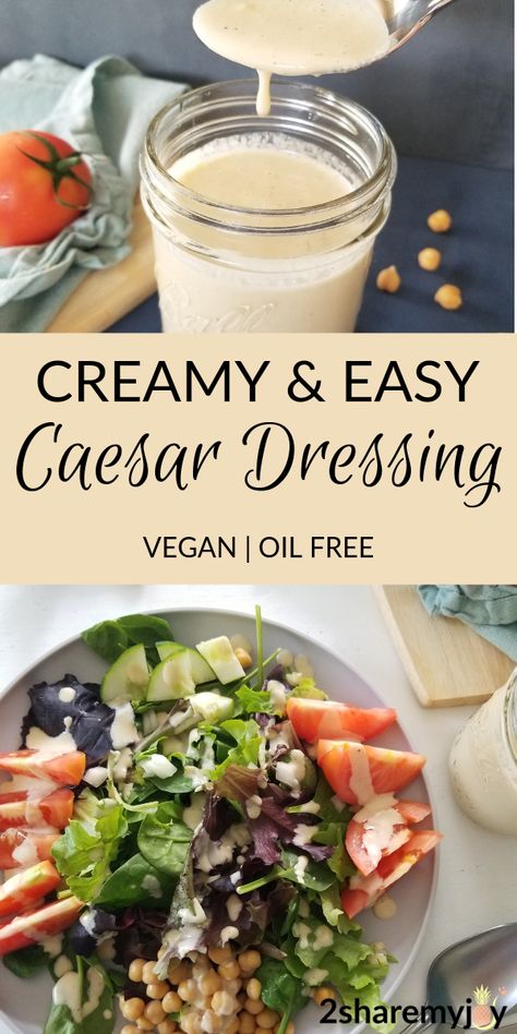 The best healthy vegan caesar dressing without oil, mayo, eggs, or hummus. This easy creamy salad dress is made with cashews. Vegan Caesar Salad Dressing, Oil Free Salad, Vegan Salad Dressings, Vegan Salad Dressing Recipes, Oil Free Salad Dressing, Vegan Caesar Dressing, Caesar Dressing Recipe, Vegan Dressings, Creamy Salad