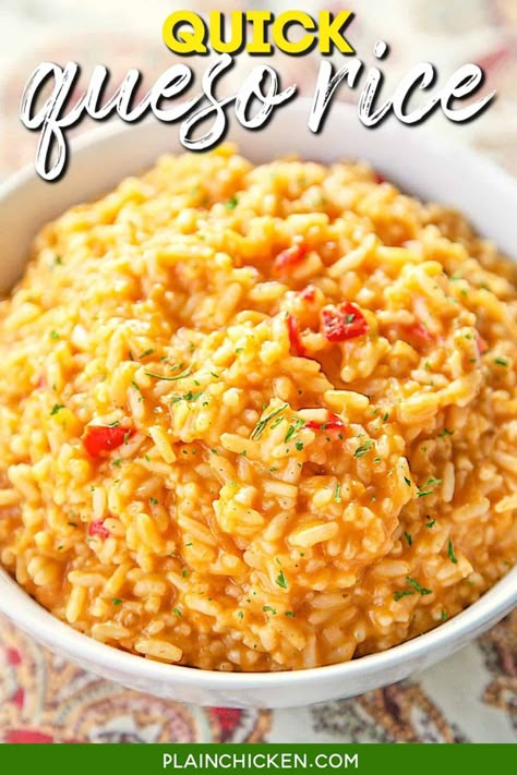 Quick Queso Rice - Plain Chicken Queso Rice, Quick Queso, Cheesy Mexican Rice, Mexican Side Dish, Mexican Side, Rice Side Dish Recipes, Cheesy Rice, Mexican Rice Recipes, Mexican Side Dishes