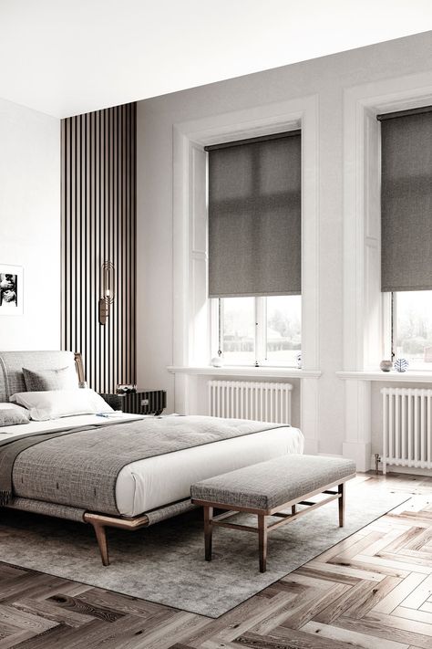 grey textured roller blinds in a luxury bedroom Roller Shades Bedroom, Blinds And Curtains Living Room, Roller Blinds Bedroom, Modern Roller Blinds, Futuristic Bedroom, Luxury Blinds, Grey Roller Blinds, Grey Blinds, Modern Blinds