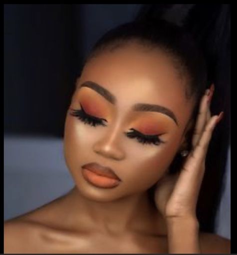 Fall Make Up Looks Black Women, Fall Eyeshadow Looks Black Women, Orange Brown Eyeshadow Looks, Black And Orange Makeup Looks, Orange Lipstick Makeup Looks, Orange Lipstick Looks, Orange Makeup Black Women, Smokey Orange Eye Makeup, Makeup Look On Black Women