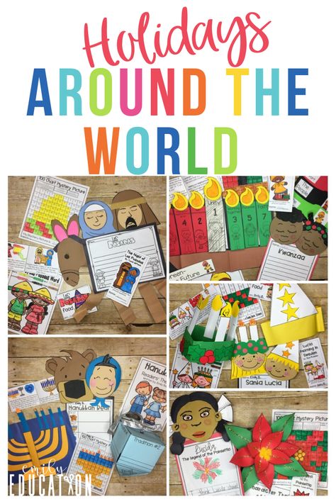 Teach your students about the history and cultures behind the holidays with these engaging activities about holidays around the world. Montessori Holidays Around The World, Christmas Cultures Around The World, Holidays Around The World Crafts Preschool, Pre K Holidays Around The World, Winter Holidays Around The World Preschool, Winter Holidays Around The World Bulletin Board, Christmas In England Crafts For Kids, Christmas Around The World Ideas, Christmas Around The World For Preschool