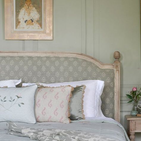 Susie Watson Designs on Instagram: "Create a tranquil and timeless bedroom by combining soft blue rustic textures with fresh bed linen 🩵" Bed Without Footboard, Upholstered Full Bed, Meadow House, Timeless Bedroom, Susie Watson, Headboard Upholstered, South Downs, King Size Headboard, Traditional Style Decor