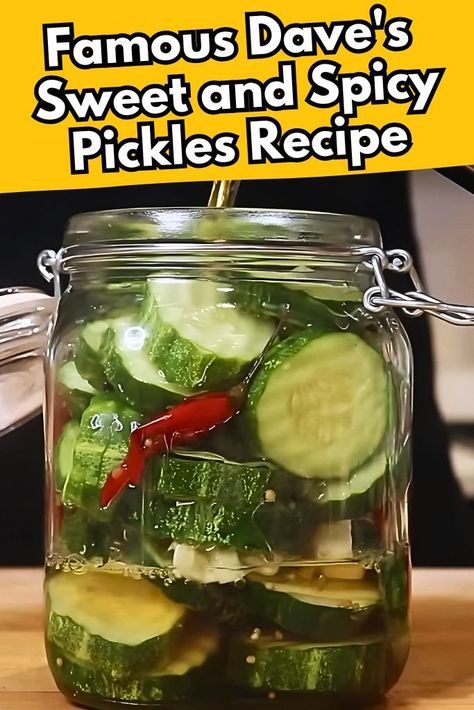 Famous Dave’s Sweet and Spicy Pickles Recipe - Wink Recipe Sweet Heat Pickled Jalapenos, Quick Pickle Brine, Pickle Recipes Spicy, Pickled Pickles Recipes, Hot And Sweet Pickles, Hot And Spicy Pickles, Famous Dave’s Sweet And Spicy Pickles Recipe, Homemade Sweet And Spicy Pickles, Famous Daves Sweet And Spicy Pickles Recipe