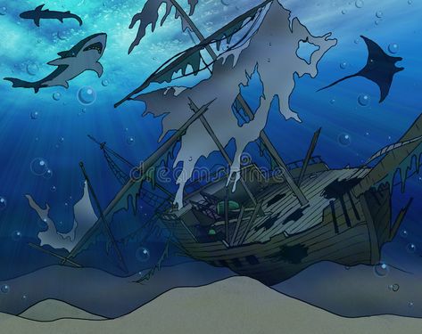 Shipwreck Illustration. An old shipwreck on a shallow ocean floor with sharks, m , #spon, #shipwreck, #shallow, #Shipwreck, #Illustration, #sharks #ad Shipwreck Underwater, Pirate Playroom, Sea Tattoo Sleeve, Underwater Shipwreck, Underwater Drawing, Shark Images, Beach Quilt, Underwater Painting, Story Books Illustrations