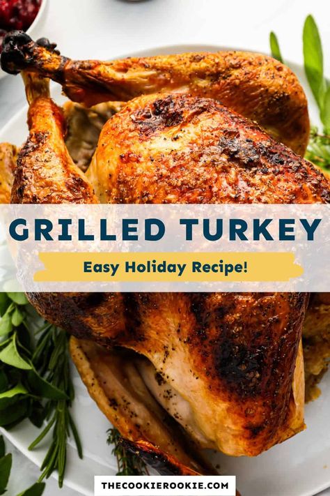 This Grilled Turkey recipe has a simple but delicious flavor, and comes off the grill perfectly juicy with crispy skin! Stuff a whole turkey with lemon, onions, and herbs, coat it in butter, then throw it on the grill and let it cook slowly so that the meat gets nice and tender. It'll make a nice change for holidays! Turkey On A Grill, Cooking Turkey On Traeger Grill, Smoked Turkey On Gas Grill, How To Grill A Turkey On A Gas Grill, Turkey On Grill Whole, Turkey On Green Egg, Bbq Whole Turkey, Grilling A Turkey On Charcoal Grill, Grilled Thanksgiving Turkey