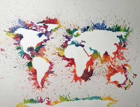 Cut out a map and glue onto canvas. Melt crayons onto board until satisfied. Peel off map and fill in map. Melt Crayons, Gestalt Theory, Abstract World Map, World Map Painting, Maps Aesthetic, Map Canvas Art, World Map Canvas, World Map Wall Art, Melting Crayons