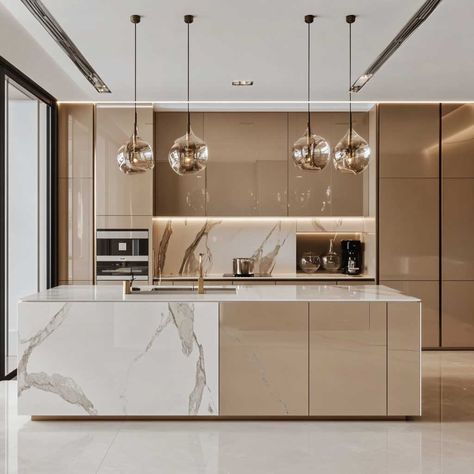 12+ Elegant Luxury Modern Kitchen Designs in Warm Beige • 333+ Inspiring Lifestyle Ideas Luxury Beige Kitchen, Contemporary Kitchen Design Luxury, Warm Modern Kitchen Design, Kitchen Interior Design Modern Luxury, Kitchen Luxury Modern, Neutral Kitchens, Luxury Houses Kitchen, Luxury Kitchen Design Modern, European Kitchen Design