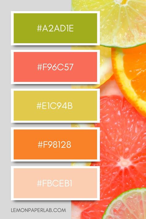 Bright Green, Coral, Yellow, Orange and Apricot Color Palette Bright Citrus Color Palette, Citrus Paint Colors, Lime Green Complementary Color, Muted Citrus Color Palette, Key Lime Color Palette, Chartreuse Colour Palette, Coral Green Color Palette, Color Palette Chartreuse, Citrus Color Scheme