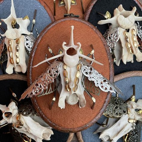 Bone Art Diy, Emo Crafts, Vertebrae Art, Witchy Wreaths, Oddities Art, Crow Queen, Bug Pinning, Animal Bone Art, Bone Hunting