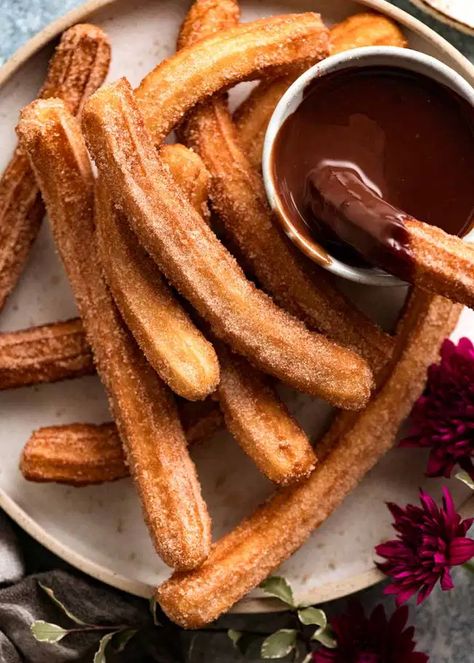 Plate of Churros recipe with chocolate dipping sauce Spanish Churros Recipe, Spanish Churros, Homemade Churros, Chocolate Dipping Sauce, Churros Recipe, Recipetin Eats, Recipe Tin, Food Obsession, Dipping Sauce