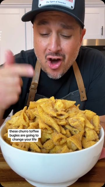 MarcoThePizzaMan on Instagram: "These Toffee Churro Bugles are making a classic into a elite snack!! #bugles #toffeechurrobugles #toffee #churros #churros #snackrrecipe #snack #snackhacks #dessert" Toffee Bugles, Churro Bugles, Snack Hacks, Snack Attack, Christmas Snacks, December 4, Chicken Crockpot Recipes, Snack Mix, Crockpot Chicken