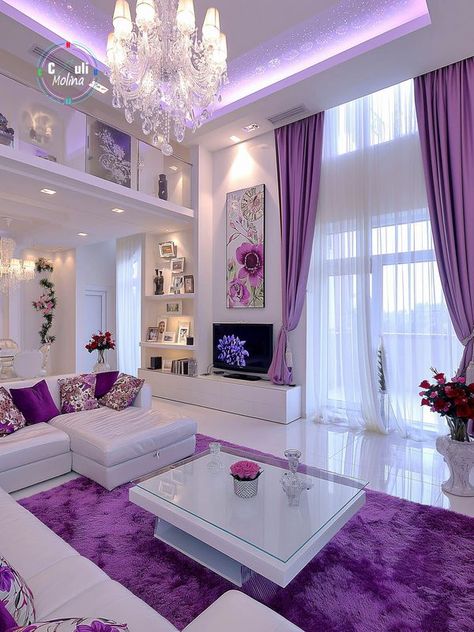 Purple Living Room Aesthetic, Purple Living Room Decor, Purple And Grey Living Room, Purple Interior Design, Purple Room Aesthetic, Stylish Room Decor, Fancy Bedroom, Purple Living Room, Dream Bedroom Inspiration