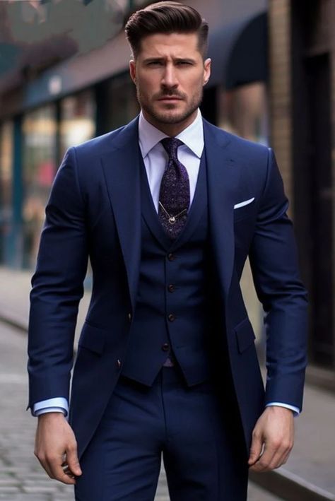 Navy Blue Groom, Blue Three Piece Suit, Event Attire, Stylish Mens Suits, Blue Suit Men, Blue Suit Wedding, Classy Suits, Formal Fashion, Suit For Men