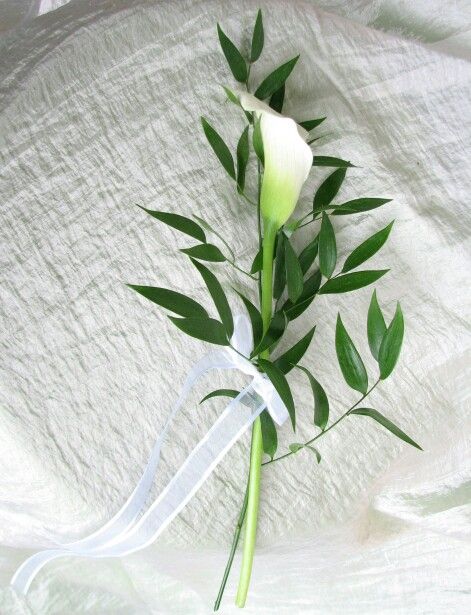 Simple But Beautiful Wedding Flowers Featuring A Large Long Stem White Calla Lilly & Ruscus Hand Tied Together With A White Organza Ribbon······ Small Simple Wedding, Wildflower Bridal Bouquets, Single Flower Bouquet, Small Wedding Bouquets, Flower Bridesmaid, Simple Wedding Bouquets, Calla Lily Wedding, Calla Lily Bouquet, Diy Budget