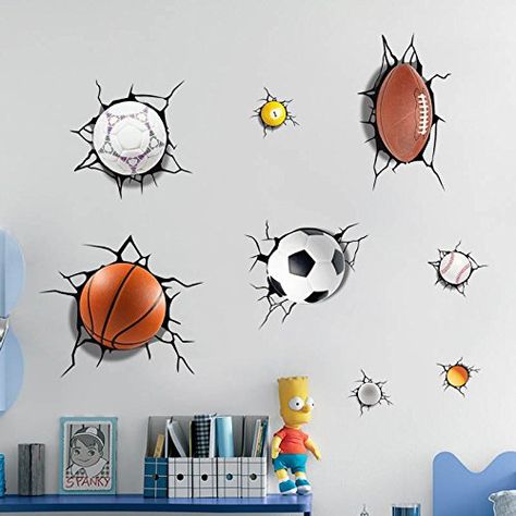 Diy Basketball, Wall Sticker Design, Break Wall, Playroom Bedroom, Boys Playroom, Wall Stickers 3d, Football Wall, Sports Wall, Cartoon Wall