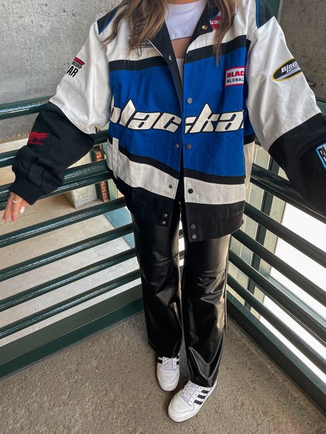 Blue Racing Jacket Outfit, Racing Bomberjack Outfit, Blue Forum Adidas Outfit, Racing Jackets Outfit, H&m Racer Jacket, Blue Racer Jacket Outfit, Racer Style Outfit, Racer Fits, Blue Racer Jacket