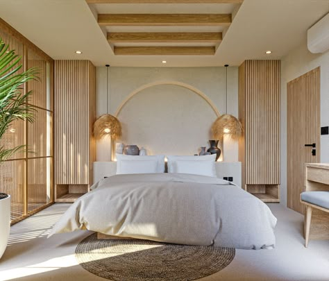 Modern Mediterranean Bedroom, Bali Bedroom, Mediterranean Bedroom, Bali Style Home, Natural Bedroom Decor, Mediterranean Interior Design, Natural Bedroom, Tropical Interior, Mediterranean Interior