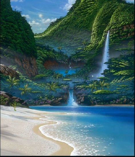 Waterfall Art, Art Painting Gallery, Fantasy Places, Mystical Art, High Fantasy, Perfect World, Nature Aesthetic, Beach Art, Fantasy Landscape