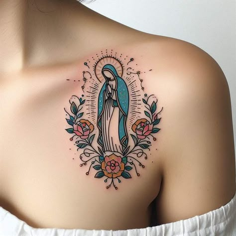 Virgin Mary Tattoo Color, Feminine Rosary Tattoo, Mama Mary Tattoo, Virgin Maria Tattoo, Ixchel Tattoo, Mexico Flag Tattoo, Sacred Heart Of Mary Tattoo, Lady Guadalupe Tattoo, Mother Teresa Tattoo