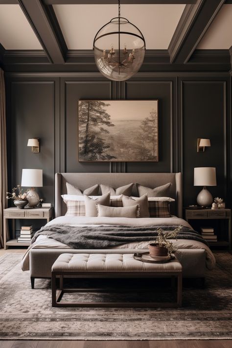 Moody Hotel Bedroom, Moody Cozy Bedroom Ideas, Moody Hotel Room, Dark Moody Master Bedrooms Decor, Elegant Bedroom Ideas Luxury Master Suite Interior Design, Dark Cosy Bedroom, Modern Master Bedrooms Decor, Moody Bedroom Paint Colors, Cozy Master Bedrooms Decor