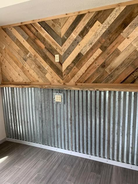 Tin Walls Rustic Bedroom, Tin Half Way Up The Wall, Tin Half Wall, Half Tin Half Wood Walls, Metal Half Wall Ideas, Half Wood Accent Wall, Wood And Tin Walls Rustic, Redoing Mobile Home, Rustic Wall Colors