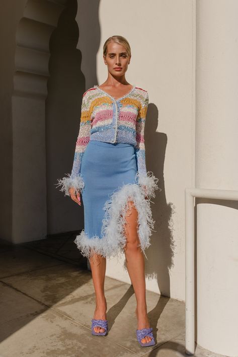 andreeva blue knit skirt with feathers Ruffled Feathers, Multicolor Knit, Handmade Knitwear, Made In Ukraine, Handmade Knit, Knit Midi Skirt, Knitwear Dress, Knit Midi, Pearl Buttons