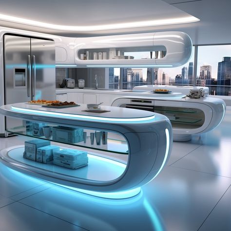 Future Kitchen Technology, Futuristic Material Board, Future Room Technology, Futuristic Appliances, Futuristic House Interior, Futuristic House Design, Futuristic Kitchen Design, Futuristic Living Room, Futuristic Kitchen