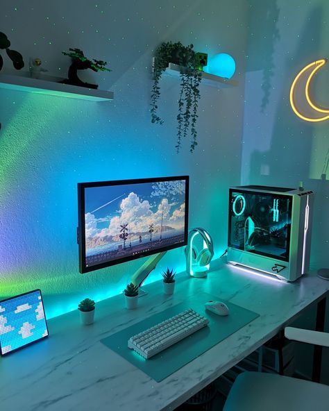 Mint Gaming Setup, Gaming Bedroom Ideas, Teal Desk, Aqua Room, Gaming Computer Room, Kali Design, Gamer Decor, Game Setup, Gaming Desk Setup