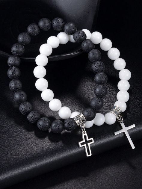 2 pièces Ensemble de bracelets avec pendentif croix perles noir et blanc mode, accessoires unisexes pour couples Noir et Blanc Personnalité Branchée   pierre     Women Fashion Jewelry, size features are:Bust: ,Length: ,Sleeve Length: