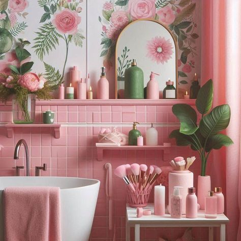 Pink and Green Bathroom Dark Green And Pink Bathroom Ideas, Pink And Green Boho Bathroom, Pink And Green Bathroom Tiles, Pink Bathroom Tiles Color Schemes, Sage Green Pink Bathroom, Pink And Sage Green Bathroom, Pink And Green Bathroom Ideas, Small Pink Bathroom Ideas, Bathroom Tile Color Schemes