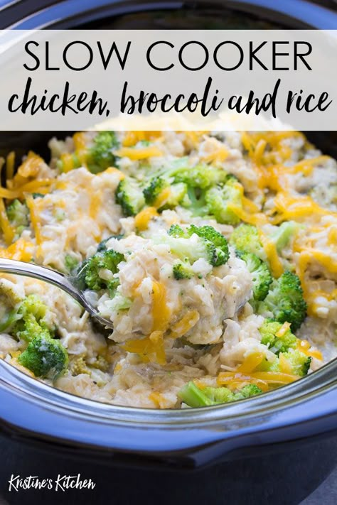 This Crock Pot Chicken, Broccoli Rice Casserole is a healthy family dinner that's easy to make! Made from scratch with chicken, brown rice, broccoli and cheese. One of our favorite slow cooker recipes! #slowcooker #crockpot #chicken #chickenrecipes Slow Cooker Recipes Rice Dinners, Crockpot Recipes Chicken Broccoli Rice, Chicken Broccoli Rice Cheese Casserole Healthy Crockpot, Brocoli Chicken Rice Crockpot, Chicken And Brown Rice Recipes Crockpot, Chicken Brown Rice Crockpot, Chicken Broccoli Rice In Crockpot, Slow Cooker Chicken Broccoli And Rice, Chicken And Brown Rice Crockpot