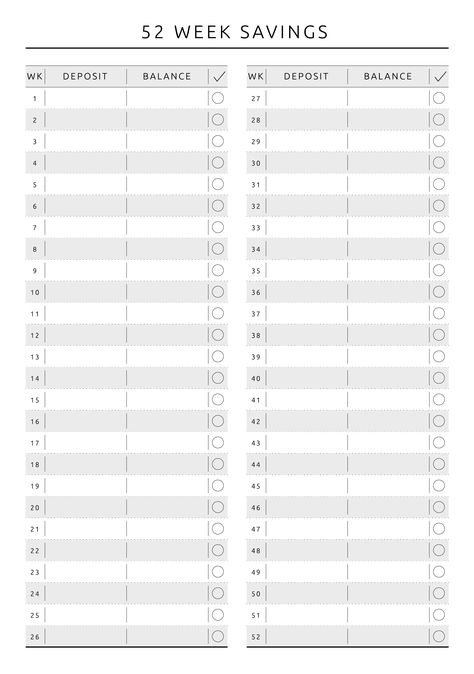 Keep your weekly savings chart with this printable financial template in original style. Plan your personal budget and track easily your 52-week savings progress. Sections available in this template: Week number, Deposit, Balance, Checkbox, for each week  #budgetplanner #bills #money #digitalpaper #planners Saving Chart Printable, Printable Money Saving Chart, Savings Chart Printable, Weekly Savings Chart, Budget Planning Printables, Financial Templates, Household Budget Template, Weekly Savings, Saving Money Chart