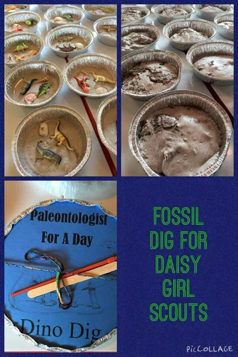 Dinosaur I bought 4 packs of 7in pie tins at the dollar store along with plastic dinosaurs and a bag of shells. To make the containers I mixed 2 parts sand ($2.50 at Home Depot) to one part plaster of Paris (also Home Depot $7) and one part water.    I poured about a cup of the mix into each container and spread it around. Then I stuffed two shells and two dinos in each. Next, I covered the the whole thing in more mix. Let them dry. I had to mess with the consistency but I found doing it in a di Fossil Birthday Party, Dinosaur Birthday Party Activities, Jurassic Park Birthday Party, Dinosaur Birthday Theme, Jurassic Park Birthday, Dinosaur Dig, Plastic Dinosaurs, Daisy Scouts, Dinosaur Themed Birthday Party