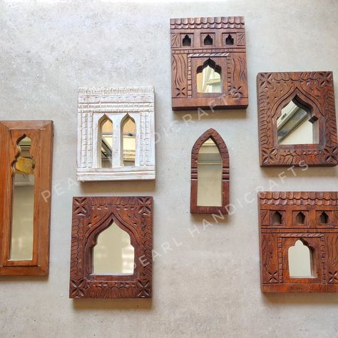 ✨Carved Aala Mirrors✨ The word " Aala '' means a cavity or shelf - etched in the walls to keep lamps. Traditionally Jharokha shaped Aala shelves were carved in the walls - on either side of the doors, to keep diyas (lamps) in them. These Aala mirrors are a wooden representation of wall Aalas , made in a variety of folk patterns of Rajasthan Size : 10x8 inches approx Material : Mango Wood Shipping : Worldwide Pls DM for orders💌 #wallaccents #distressmirrors #archmirrors #reelkarofeelk... Carved Mirror, Handmade Inspiration, Reels Instagram, Indian Home Decor, Classic Decor, Indian Home, Mango Wood, Sofa Living, Cavities