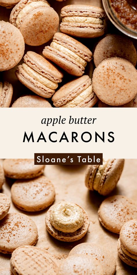 These apple butter macarons consist of chewy cinnamon shells and a creamy apple butter French buttercream. The warm spices married with the slow cooked apple butter make these delicate cookies the epitome of fall! Apple Butter Macarons, Fall Macaron Flavors, Autumn Macarons, Maccarone Recipes, Apple Macarons, Fall Macarons, Creative Pastries, Delicate Cookies, Macaron Ideas