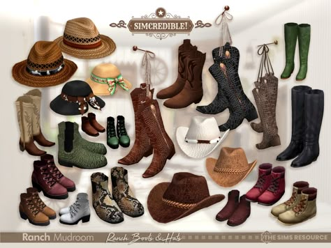 The Sims Resource - Mudroom Part2 (Patreon) Sims4 Hallway, Ranch Mudroom, Mudroom Hallway, Ranch Boots, Hats Western, Cc Shoes, Sims 4 Cc Shoes, Sims4 Clothes, Sims 4 Cc Packs