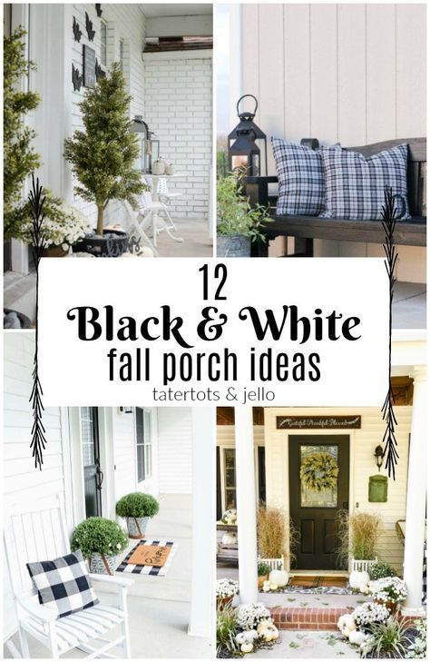 12 Black & White Fall Porch Ideas! - Tatertots and Jello Fall Porch Ideas, Halloween Dining Room, White Porch, Driven By Decor, Farmhouse Halloween, Halloween Front Porch, Small Front Porches, Fall Front Porch, Fall Decorations Porch