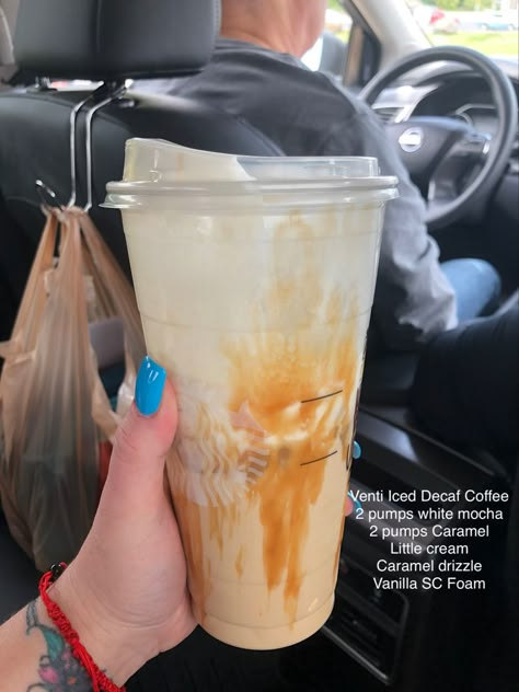 Sweet Starbucks Iced Coffee Vanilla, Iced White Mocha With Caramel Drizzle, Decaf Iced Coffee Starbucks, Starbucks Decaf Drinks Iced Coffee, Decaf Coffee Starbucks, Dunkin Decaf Iced Coffee, Decaf Starbucks Drinks Iced Coffee, Starbucks Drinks Decaf, Starbucks Decaf Drinks