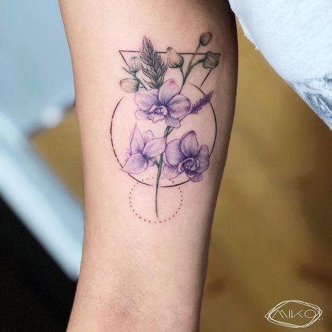 Own original orchid flower with geometric design. Customer piece.Done at shop @rbitattoo （ Dm or Email me to book)....... #colortattoo #tattooinsta #tattooing #tattoos #newyorktattoo #newyorktattooartist #nyctattooer #linetattoo #tattooink #nycinked #united_ink #tattooed #刺青 #纽约 #纹身 #旅行纹身 #纽约纹身 #문신 #traveltattoos #nyctattoo #tattoodo #tattrx #geometrictattoo #lineworktattoo #linetattoo #orchidtattoo #nyctattooartist #innerarmtattoo #finelinetattoo #flowertattoo #lanvender Line Orchid Tattoo, Fine Line Orchid Tattoo, Watercolor Orchid Tattoo, Orchids Tattoo, Orchid Tattoo Meaning, Orchid Flower Tattoos, Small Matching Tattoos, Flower Tattoo Meanings, Orchid Tattoo