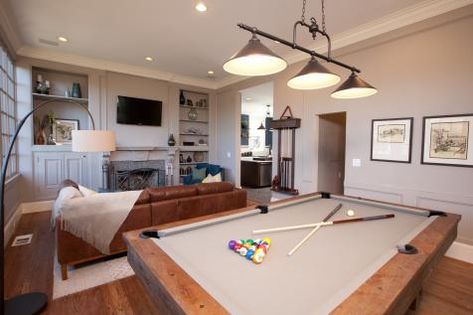 Couch Lamp, Custom Pool Tables, Snooker Room, Pool Table Room, Leather Couches, Blanket Couch, Storage Inspiration, Game Room Family, Custom Pool