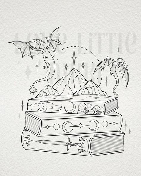 Pretty little Bookstack for Shelby! 📚✨ this one is a cross over of Fourth Wing, ACOTAR & FBAA 🗡️🖤what books would you have in your book stack? #bookish #acotar #fourthwing Acotar Pencil Drawings, Fourth Wing Book Tattoo Ideas, Aesthetic Book Journal Ideas, Fourth Wing Coloring Pages, Acotar And Fourth Wing Tattoo, Acotar Fourth Wing Tattoo, Draw Book Ideas, The Suriel Acomaf, Velaris Tattoo Acotar