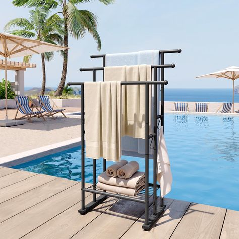 PRICES MAY VARY. [Tall Enough] The tall towel rack free-stand, 26''L×12.6''W×32''/36''/40''H, keeps the big bath towels away from the floor. The stable base design will prevent it from wobbling or tipping over. [Wide Tier Space] 4.6in, the wide enough tier space of the 3-tier free-standing towel rack, makes the towels, bath towels, and blankets dry quickly. In addition, 4 movable hooks provide more flexible storage space to you. [Stable Base Design] The floor Towel Rack Stand with the shelf, own Hot Tub Towel Rack Outdoor, Pool Towel Drying Rack, Pool Towel Storage Ideas, Towel Rack For Pool, Blanket Stand, Towel Rack With Shelf, Pool Towel Storage, Towel Drying Rack, Towel Racks For Bathroom