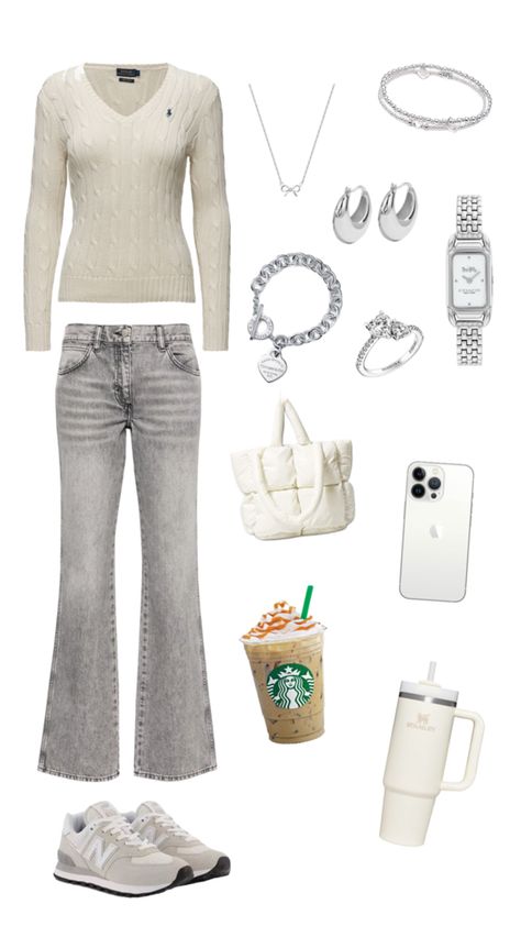 ralph lauren top, iphone, grey flare jeans,clean girl winter outfit, new balance trainers, silver jewellery, starbucks Clean Girl Outfit Inspo Winter, Winter Clean Girl Outfits, Cute Clean Girl Outfits, Clean Girl Aesthetic Outfits Winter, Yvonne Core, Clean Girl Fall Outfits, Winter Clean Girl, Clean Girl Winter, Clean Girl Style