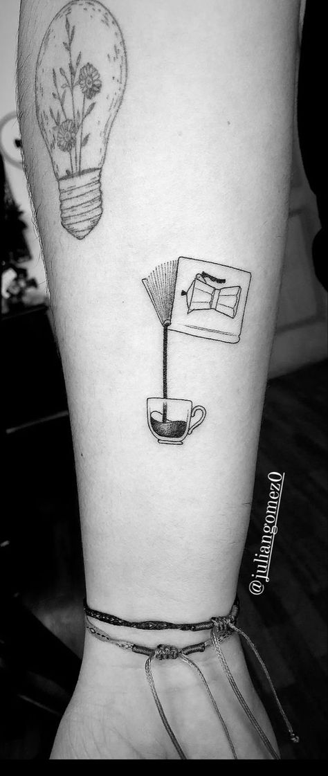 Coffee And Book Tattoo Ideas, Dainty Coffee Tattoo, Coffee Tattoo Ideas Minimalist, Book And Wine Tattoo, Coffee Inspired Tattoos, Book Coffee Tattoo, Coffee Book Tattoo, Coffee And Book Tattoo, Literature Tattoos Minimalist