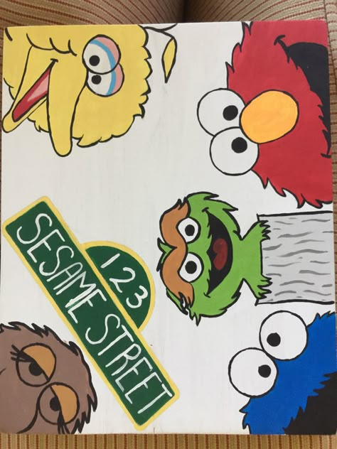 Sesame Street Painting, Sesame Street Drawing, Elmo Painting Canvas, Elmo Painting, Elmo And Friends, Friend Painting, Street Painting, Cardboard Art, Diy Creative Crafts