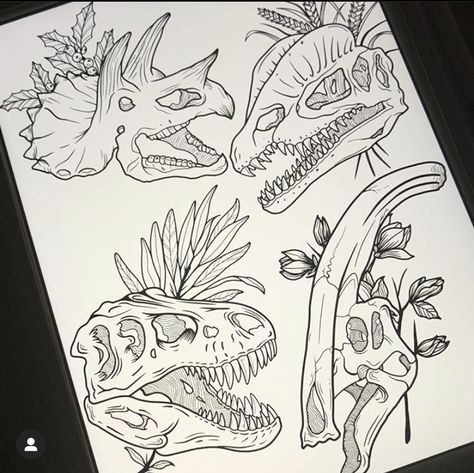 Dinosaur Skull Sketch, Traditional Dinosaur Skull Tattoo, Pterodactyl Skeleton Tattoo, Abnormal Tattoos, T Rex Skull Drawing, Dino Skull Tattoo, Triceratops Skull Tattoo, Dinosaur Fossil Tattoo, Floral Dinosaur Tattoo