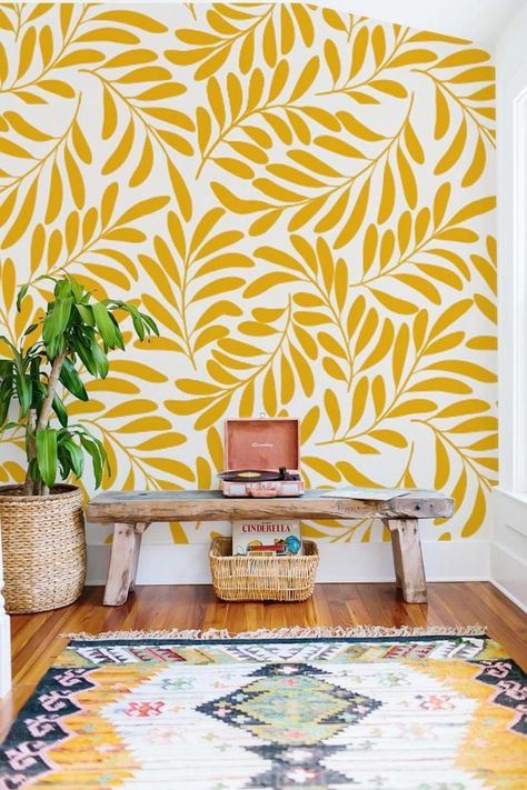 Kitchen Mural Ideas, Yellow Peel And Stick Wallpaper, Pattern Mural, Wall Paint Patterns, Wallpaper Botanical, Wall Murals Diy, Diy Mural, Interior Design Per La Casa, Honey Yellow