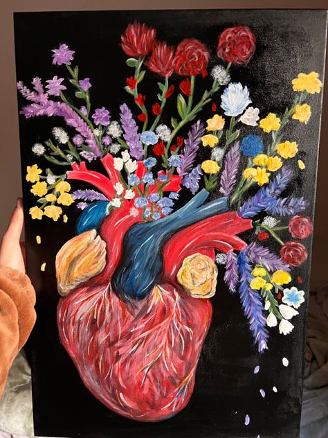 Black Heart Painting, Meaningful Painting Ideas, Painting Ideas Heart, Ideas Para Pintar Cuadros Aesthetic, Heart Shaped Canvas, Flowers Canvas Painting, Meaningful Paintings, Heart And Flowers, Pink Canvas Art