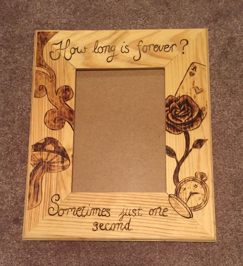 https://www.etsy.com/shop/Woodburningsbylauren?ele=shop_open Alice in Wonderland picture frame Wood Burning Picture Frame Ideas, Wood Burned Frames, Wood Burn Ideas, Wood Art Ideas, Alice In Wonderland Pictures, Picture Frame Ideas, Home Made Gifts, Wood Burn Designs, My Papa